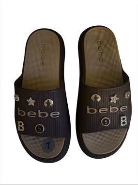 bebe Brown Slide Sandals with Gold Embellishments